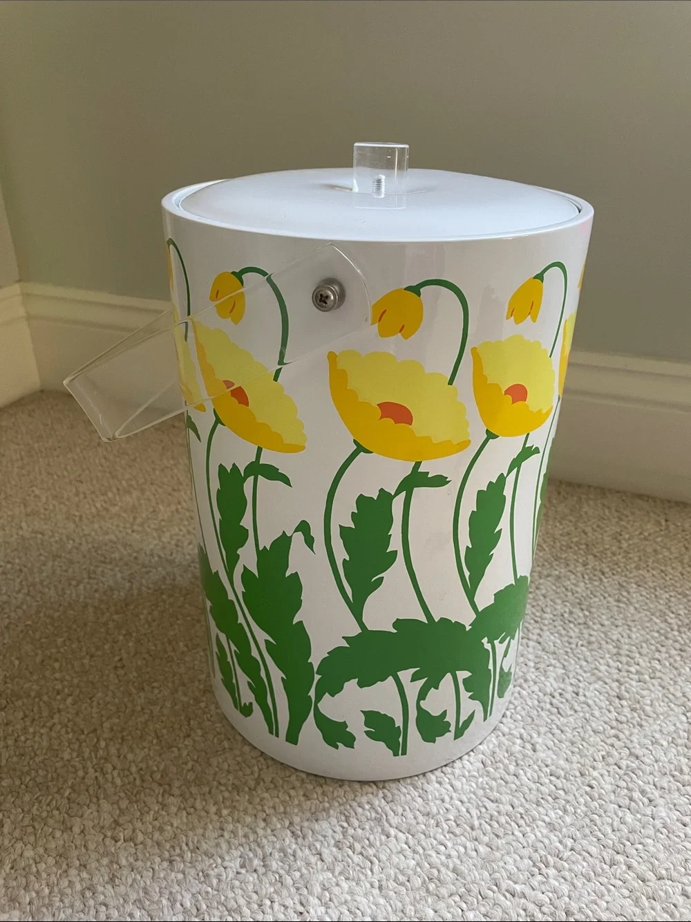 Vintage 1970s St. Tropez Audrey Pattern Ice Bucket with Clear Lucite Handle